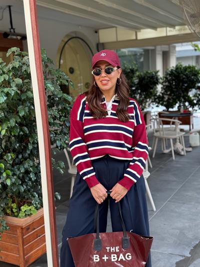Çizgili  Polo Triko Bordo