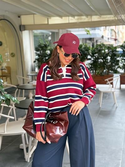 Çizgili  Polo Triko Bordo
