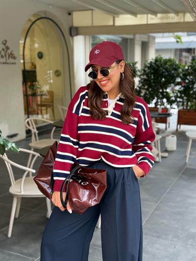 Çizgili  Polo Triko Bordo
