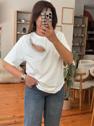 Damla Taşlı Beymen T-shirt Beyaz