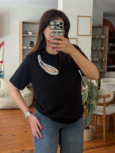 Damla Taşlı Beymen T-shirt Siyah