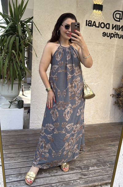 Desenli Halter Elbise Antrasit