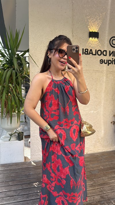 Desenli Halter Elbise Kırmızı Desen