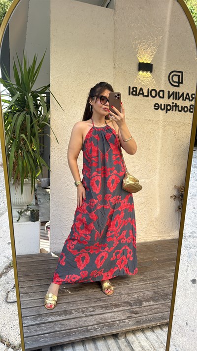 Desenli Halter Elbise Kırmızı Desen