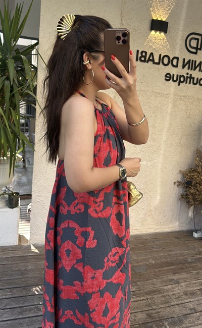 Desenli Halter Elbise Kırmızı Desen