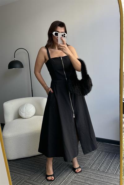 Fermuarlı İnce Askılı Elbise  Siyah