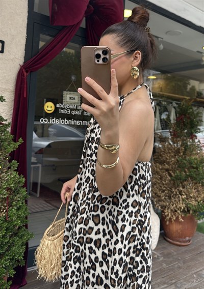 Halter Desenli Elbise Leopar Kahverengi