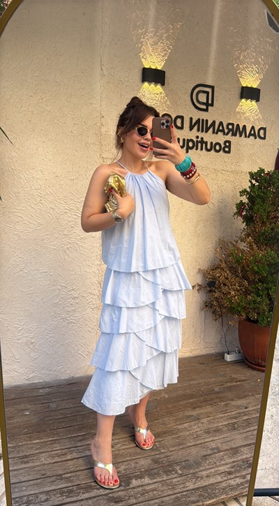 Halter Yaka Fırfırlı Elbise Mavi