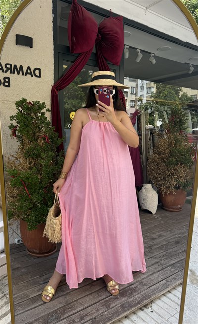 İpli Astarlı Halter Elbise Pembe