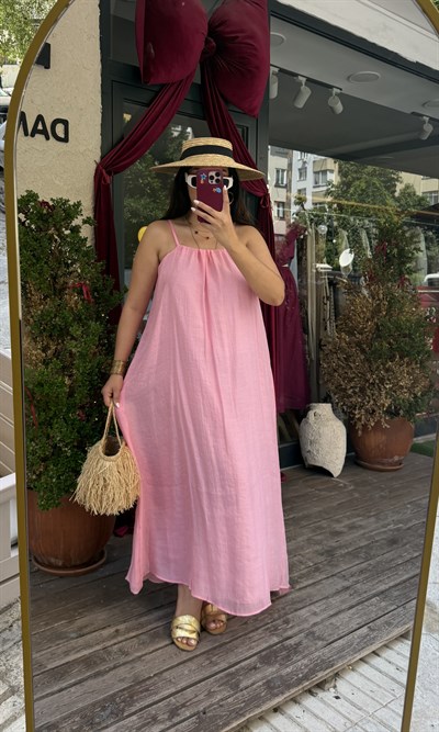 İpli Astarlı Halter Elbise Pembe