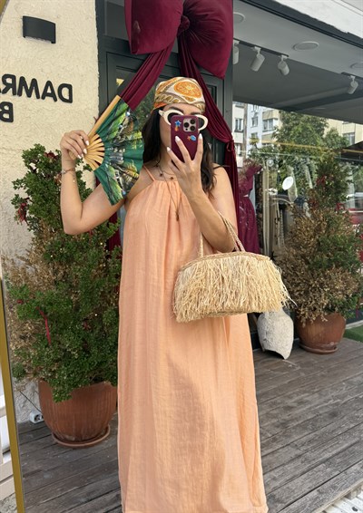 İpli Astarlı Halter Elbise Turuncu