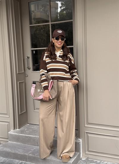 Kemerli Pileli Pantolon Camel