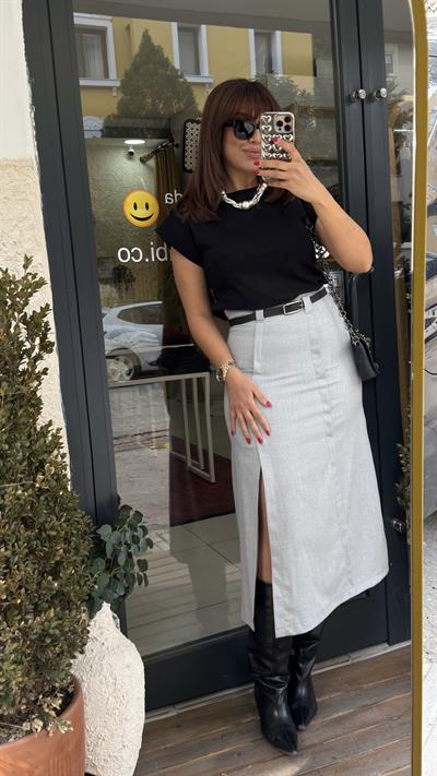 Kemerli Yırtmaçlı Midi Etek 
