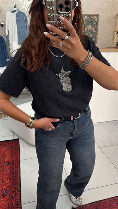 Marka Taşlı T-shirt Antrasit