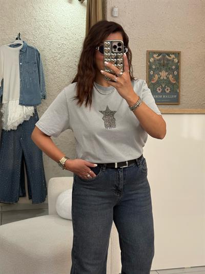 Marka Taşlı T-shirt Gri