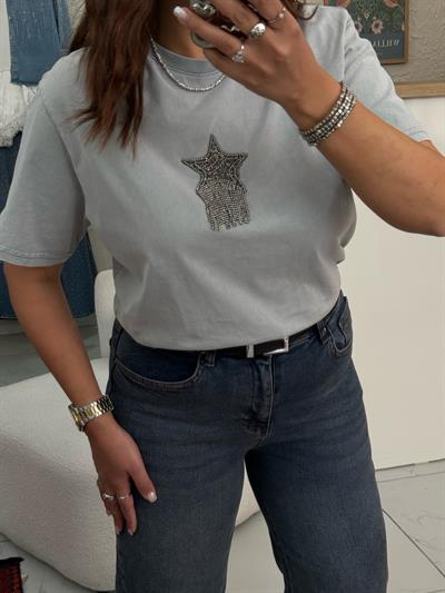 Marka Taşlı T-shirt Gri