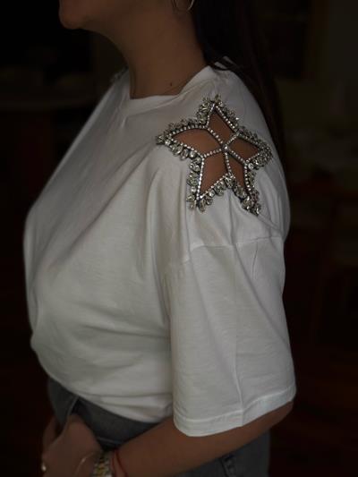 Omuzu Yıldız Detaylı T-shirt Beyaz