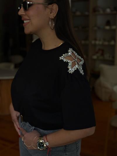 Omuzu Yıldız Detaylı T-shirt Siyah