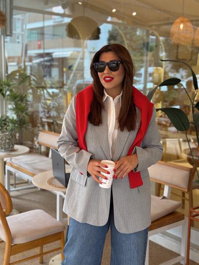 Oversize Çizgili Blazer Ceket Gri