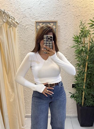 Oysho Parmak Geçirmeli Body V Yaka Krem 