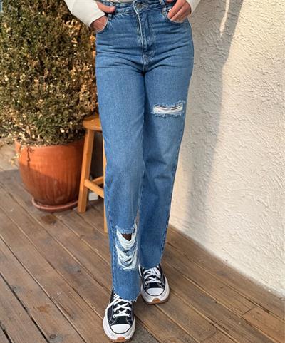 Paçası Yırtık Jean Mavi