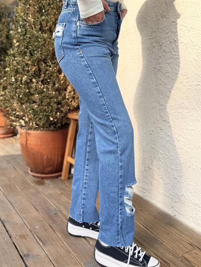 Paçası Yırtık Jean Mavi