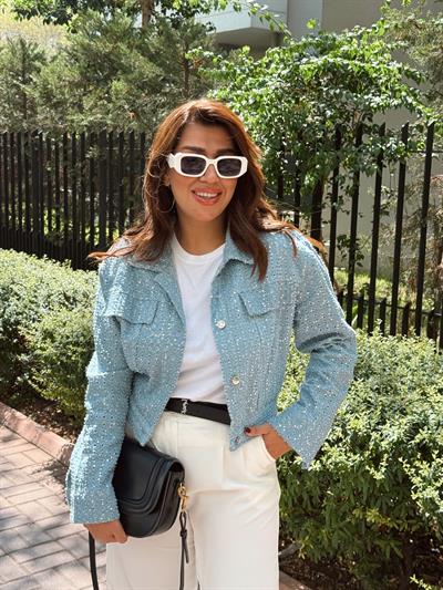 Pul işlemeli denim ceket