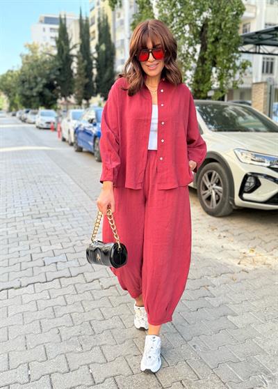 Şalvar Pantolonlu Tensel Takım Bordo