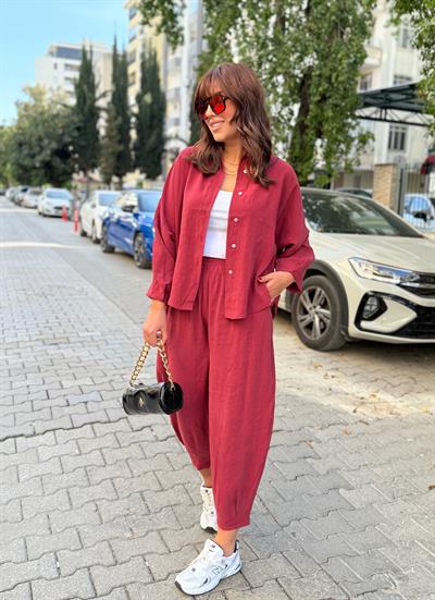 Şalvar Pantolonlu Tensel Takım Bordo