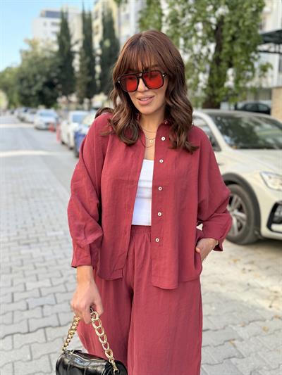 Şalvar Pantolonlu Tensel Takım Bordo