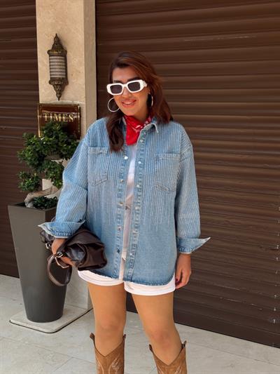 Taşlı denim gömlek