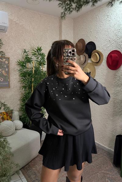 Taşlı Scuba Sweat Siyah 