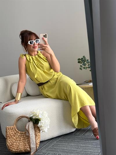 Tensel Halter Elbise Yağ Yeşili