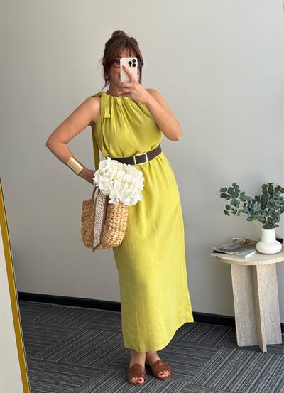 Tensel Halter Elbise Yağ Yeşili