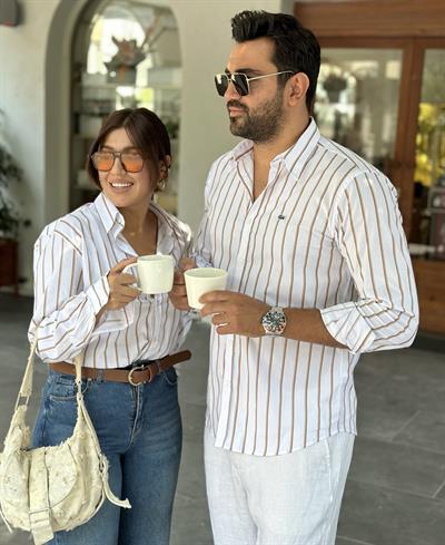 Unisex Poplin Gömlek Kahverengi Çizgili