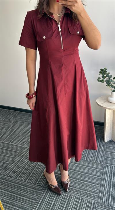 Yaka Detaylı Elbise Bordo