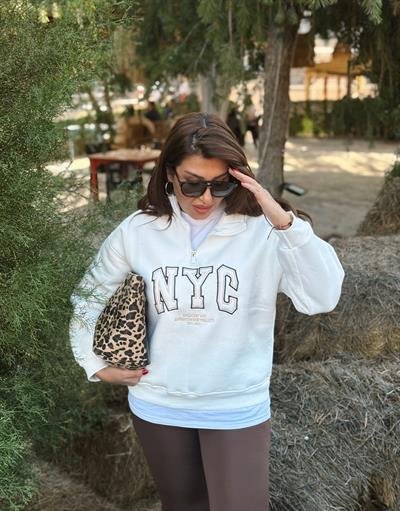 Yakası Fermuarlı Sweatshirt Beyaz