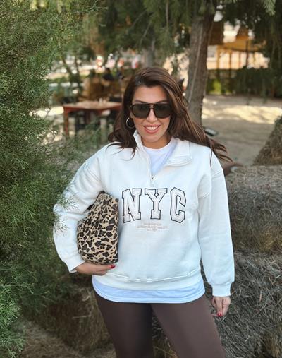Yakası Fermuarlı Sweatshirt Beyaz