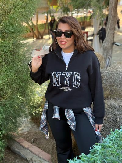 Yakası Fermuarlı Sweatshirt Siyah