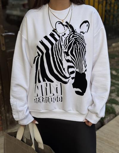 Zebra Desen Sweatshirt  Beyaz