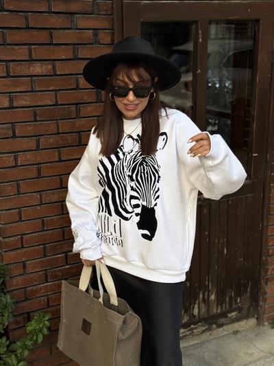 Zebra Desen Sweatshirt  Beyaz