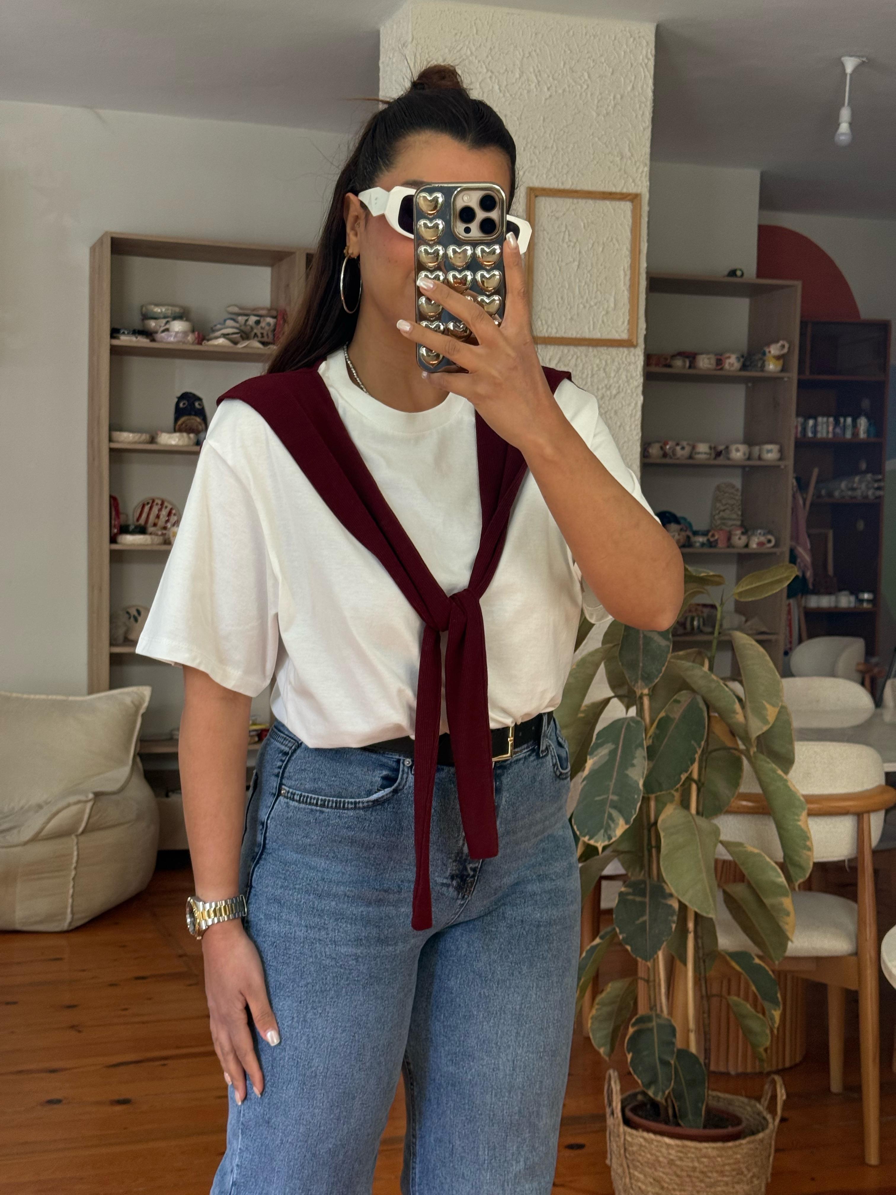 Atkı Detaylı T-shirt Bordo