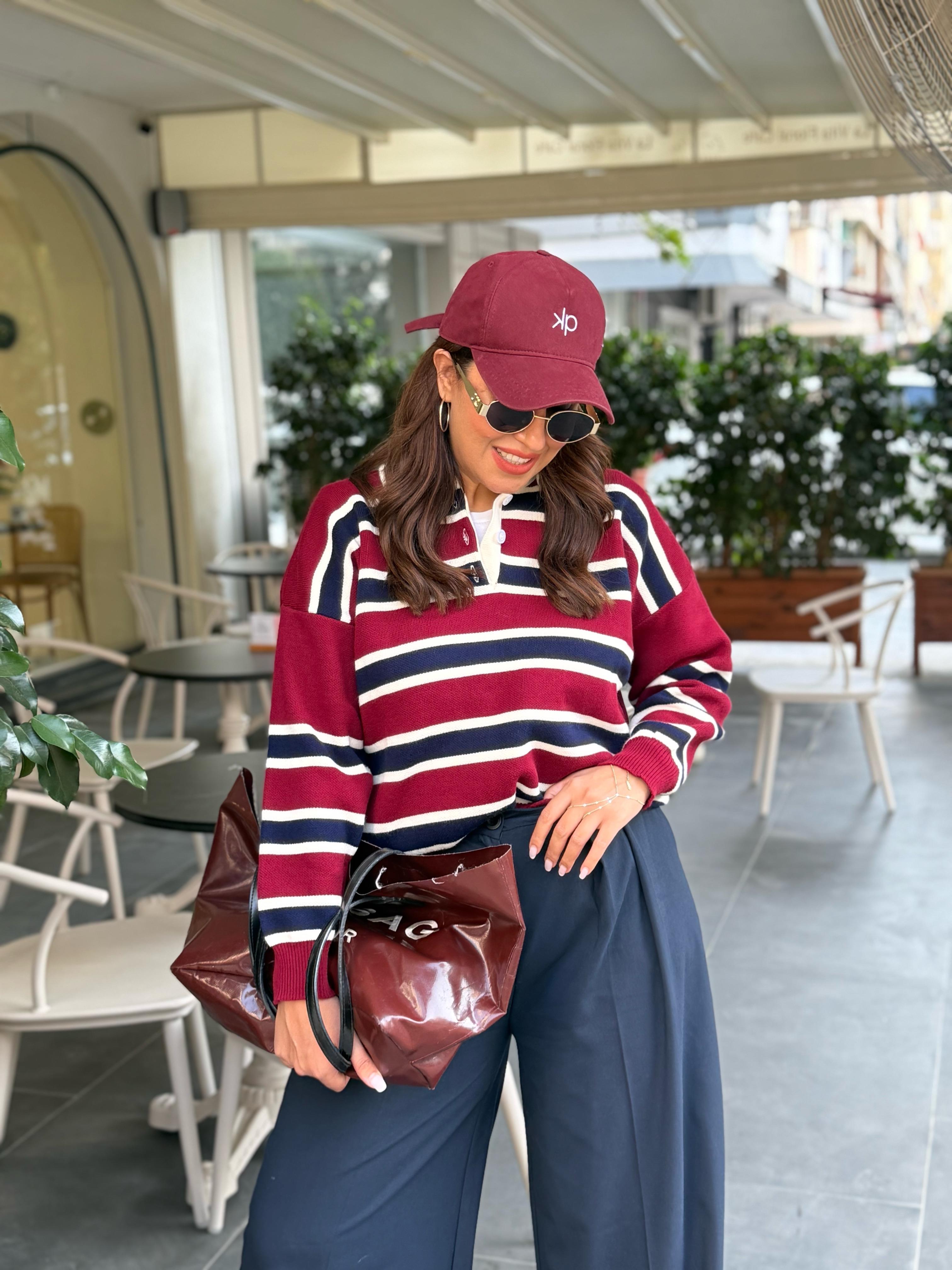 Çizgili  Polo Triko Bordo
