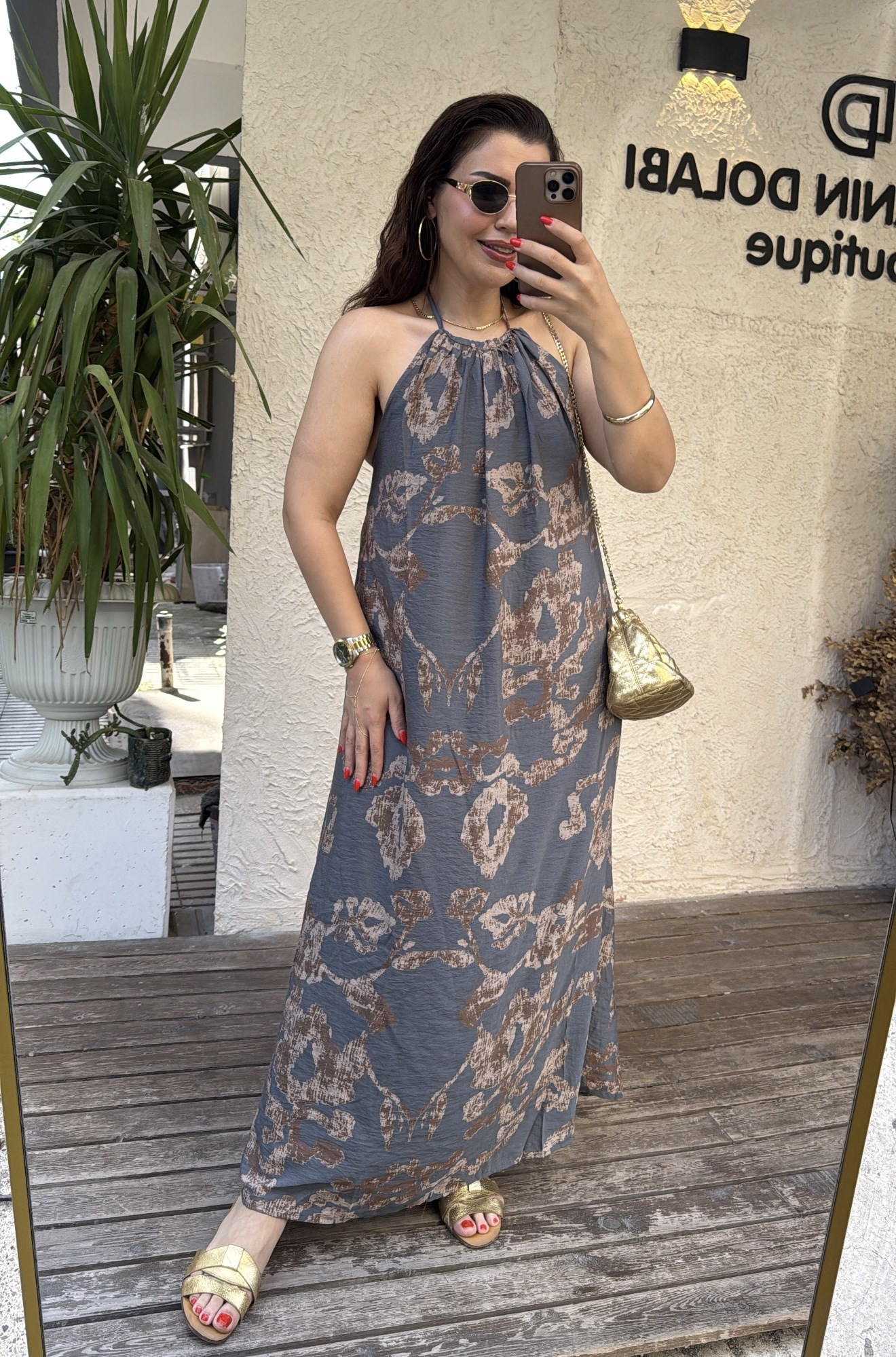 Desenli Halter Elbise Antrasit