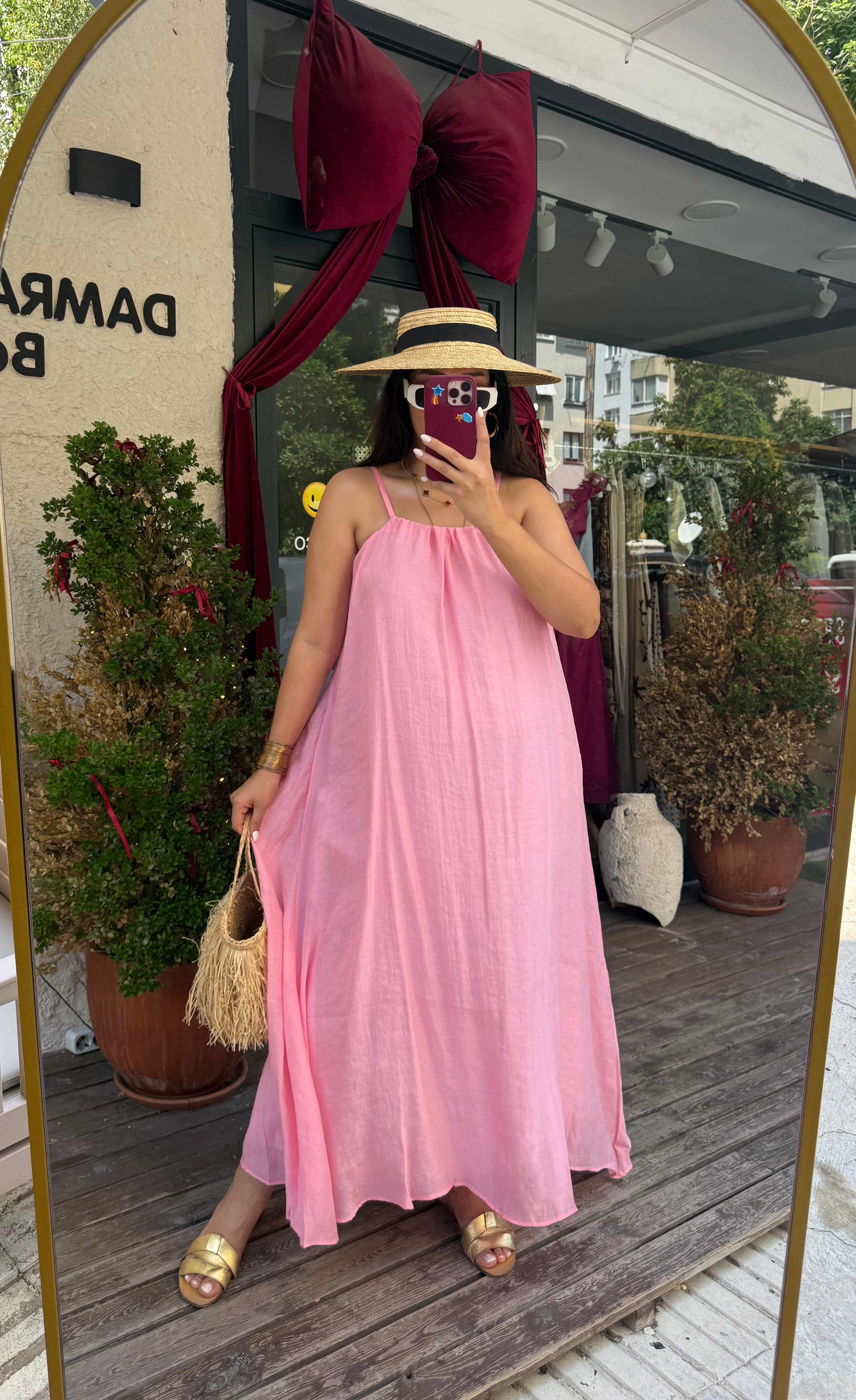 İpli Astarlı Halter Elbise Pembe