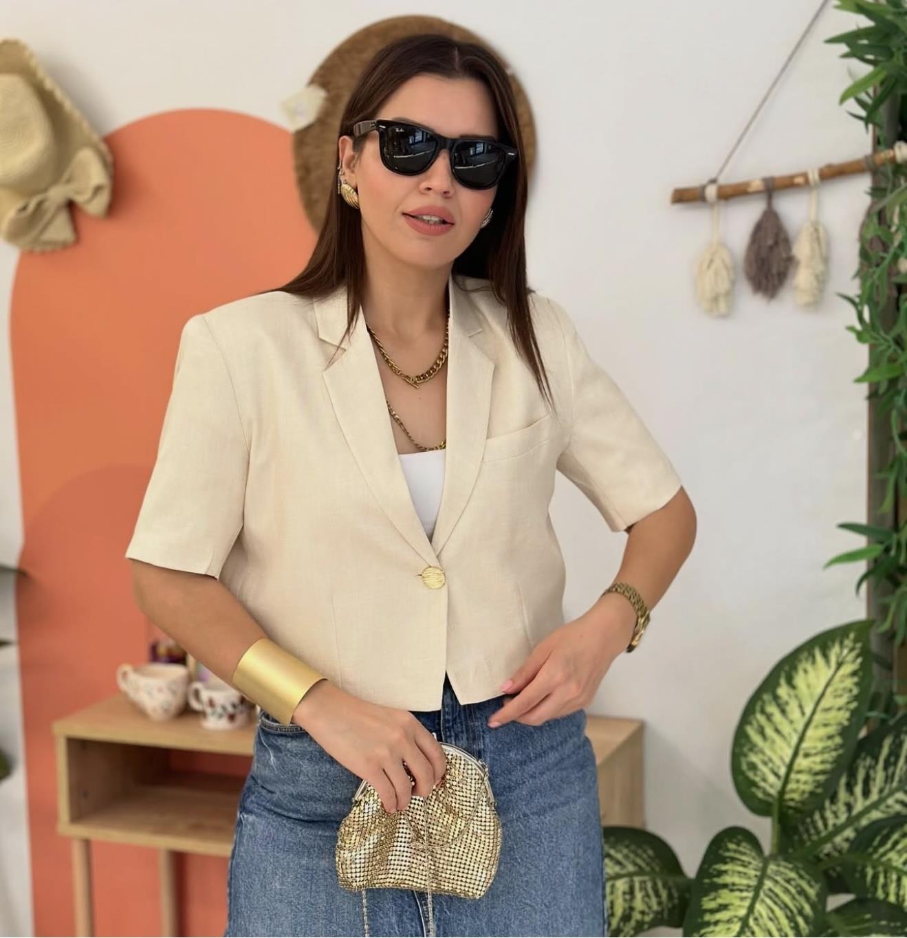 Kısa kollu blazer ceket krem