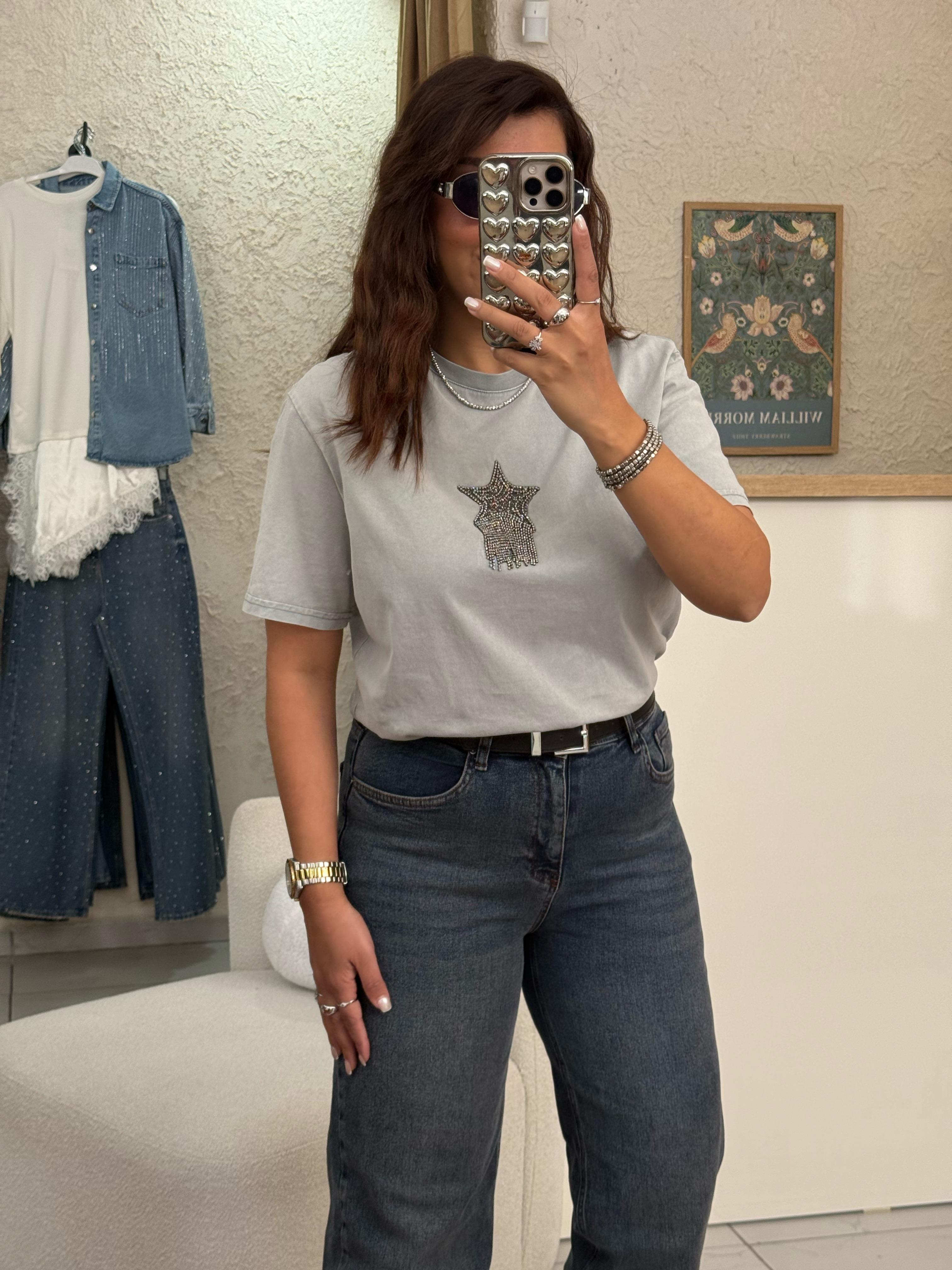 Marka Taşlı T-shirt Gri