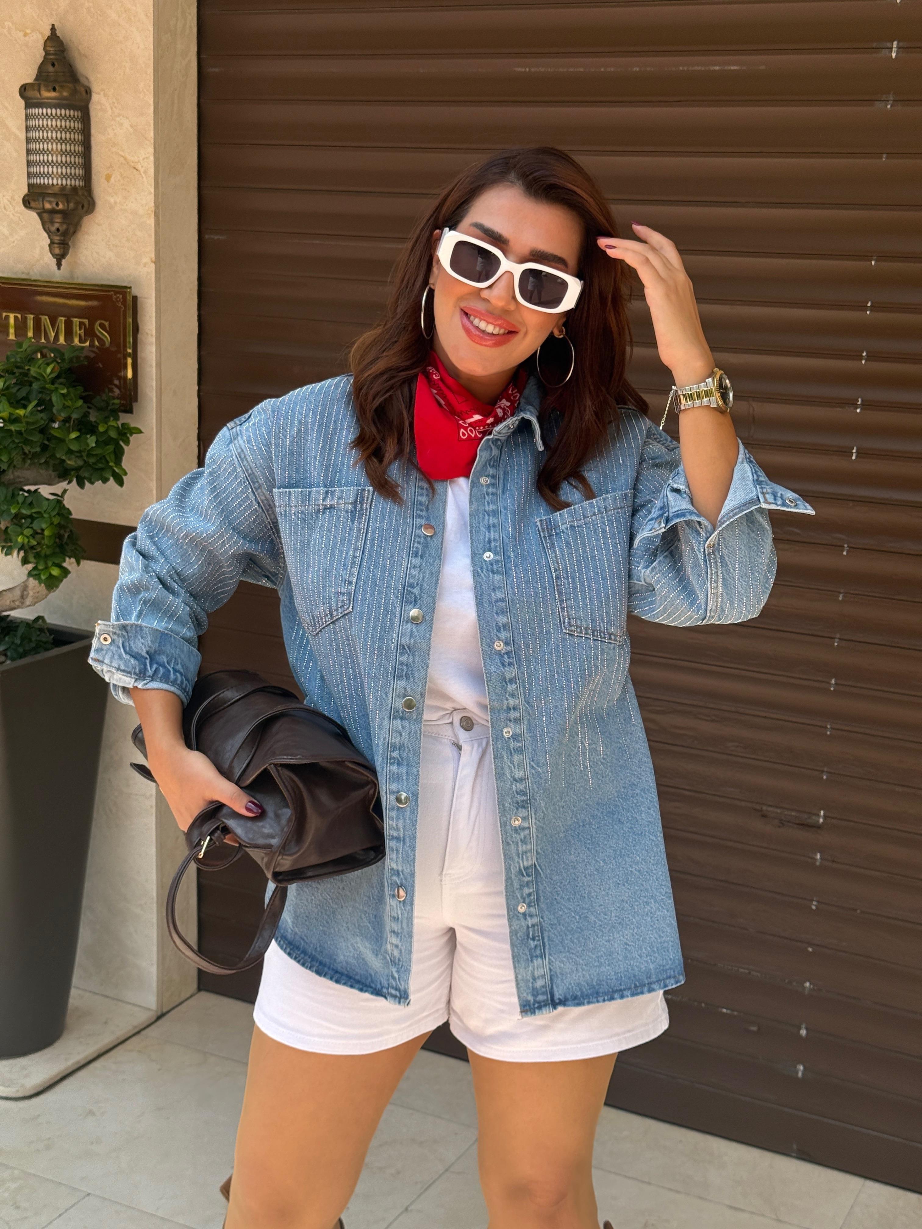 Taşlı denim gömlek