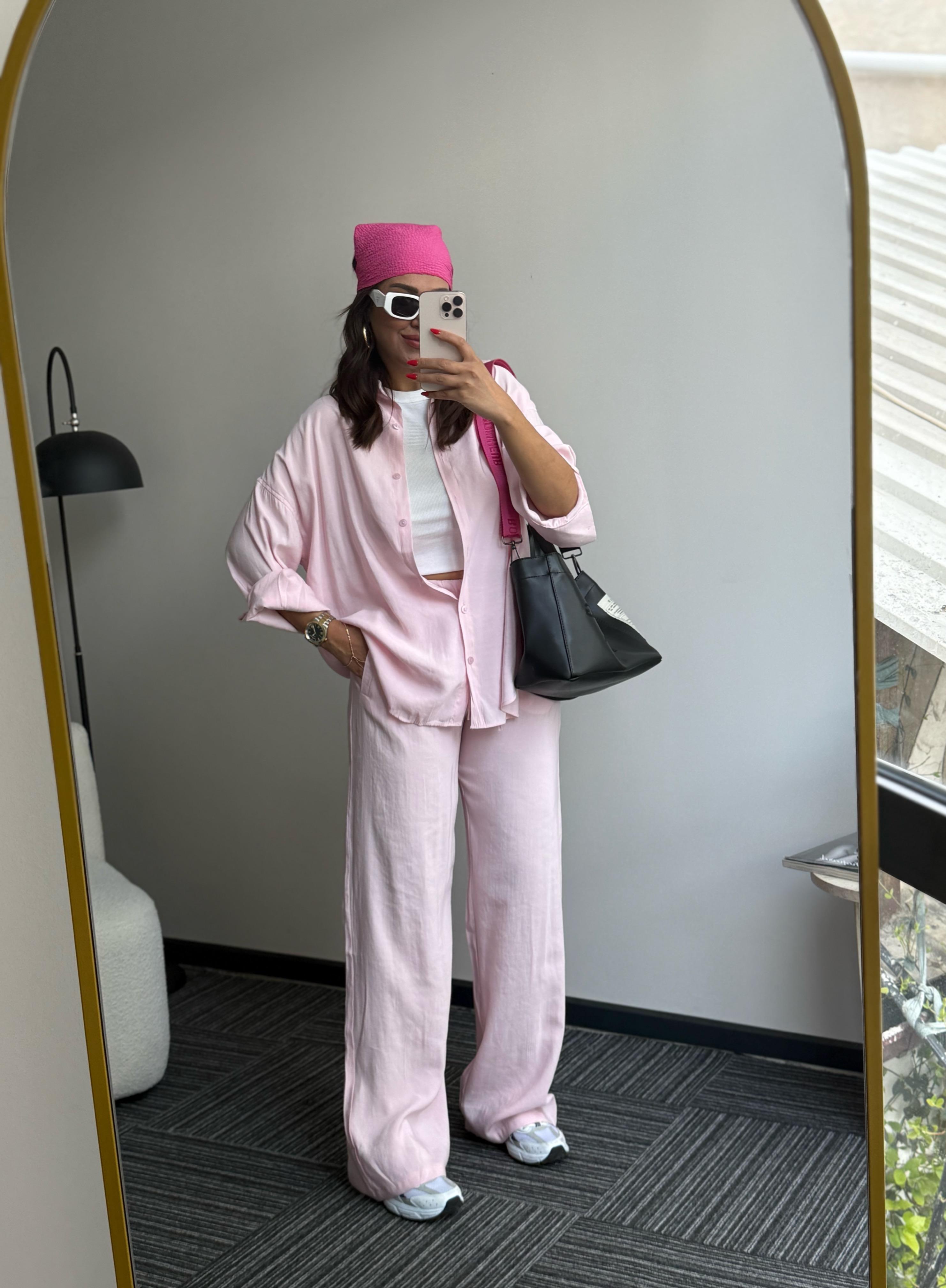 Tensel gömlekli takım pembe