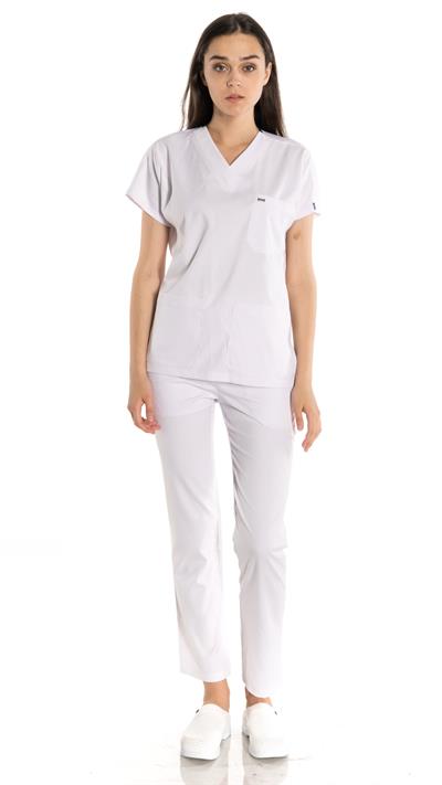 Beyaz Renkli Likralı Greys Tek Üst Scrubs